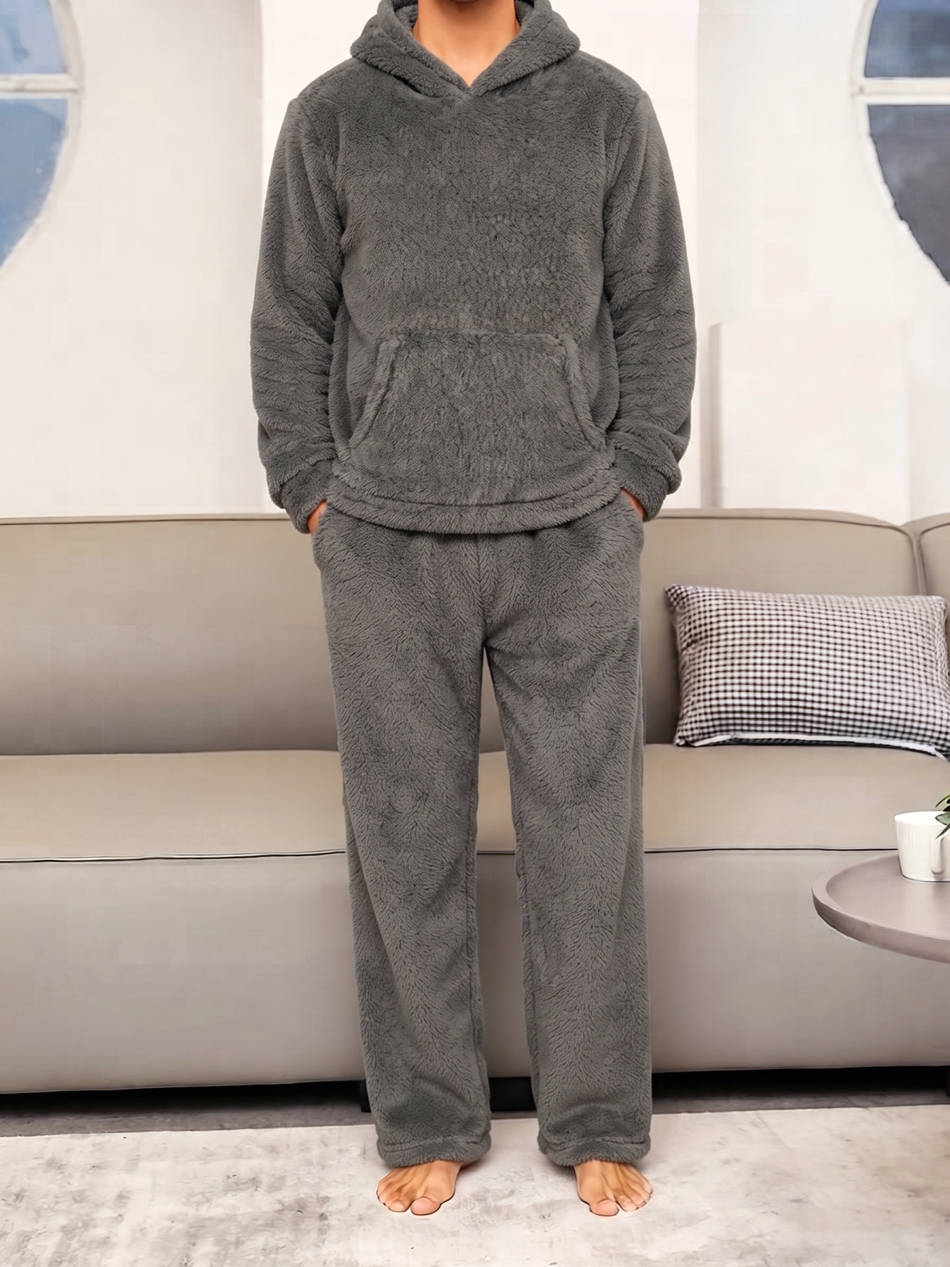 Outdoor Sports Outfit - Men's Dark Gray Solid Color Plush